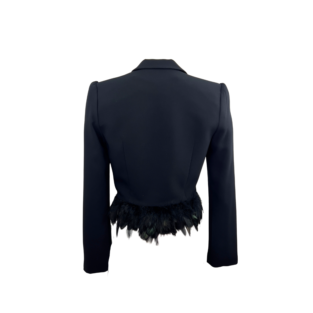 Cinq a Sept Cropped Black Blazer with Feather Hem
