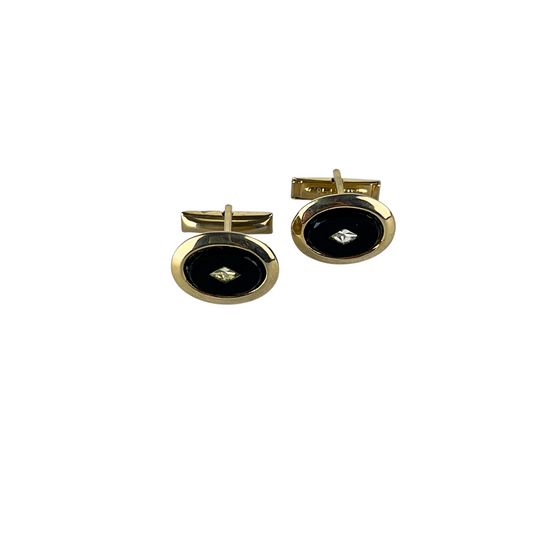 Gold Oval Cufflink with Black Enamel and Diamante