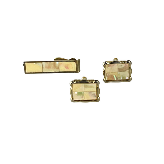 Light Gold and Mother of Pearl Cufflink Set with Tie Clip
