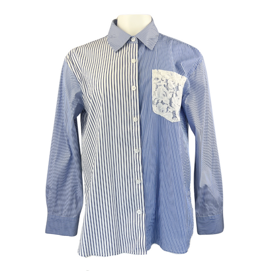 DKNY Oversized Blue and White Pinstripe Blouse with Lace Pocket