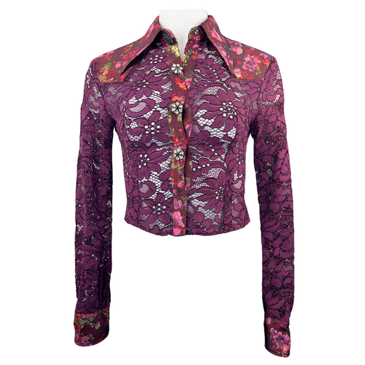 Dolce & Gabbana Burgundy Lace Crop Top wiith Floral Jacquard Collar