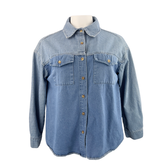 Oversized Denim Shacket with Striped Top and Solid Bottom