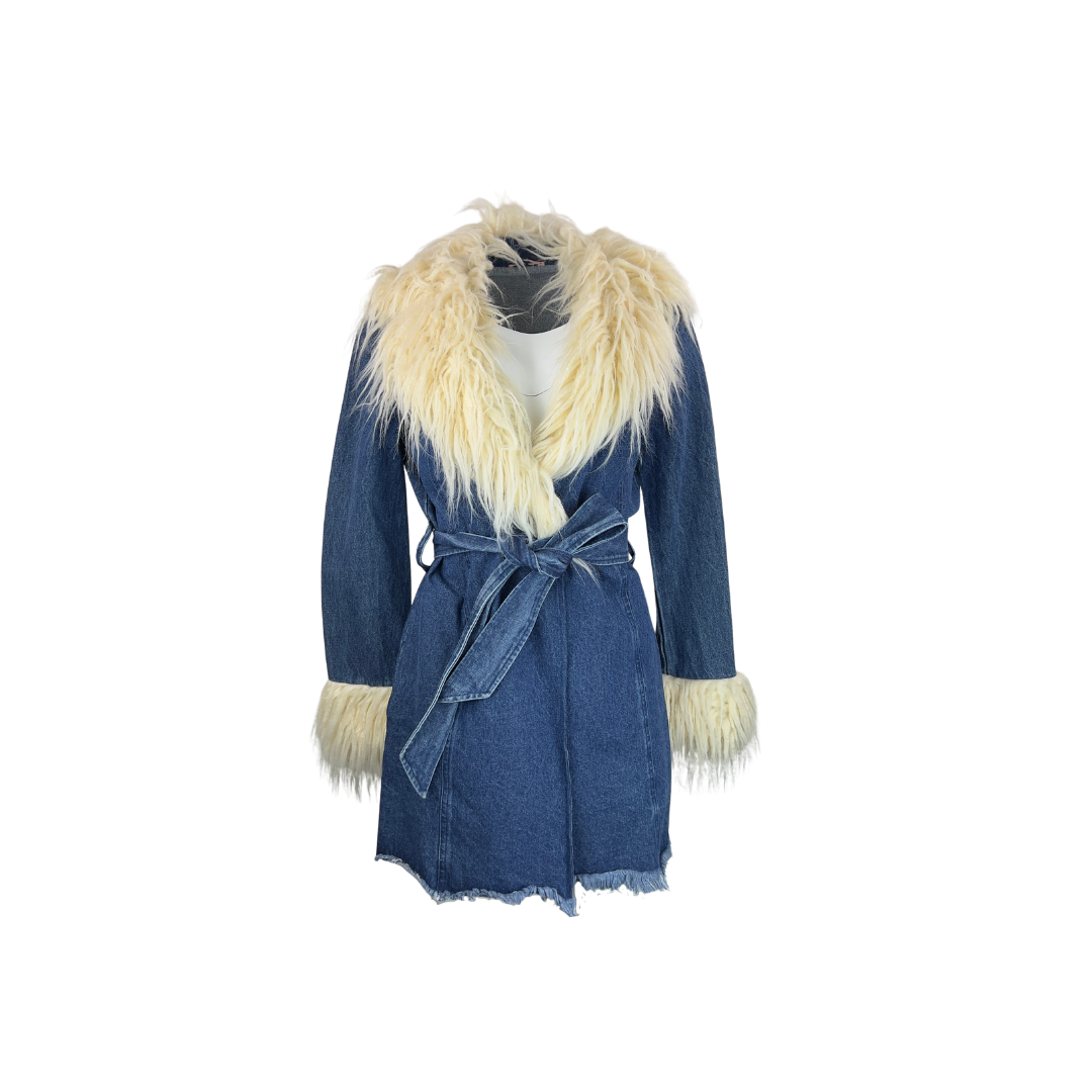 Denim Wrap Coat with Cream Faux Fur Collar
