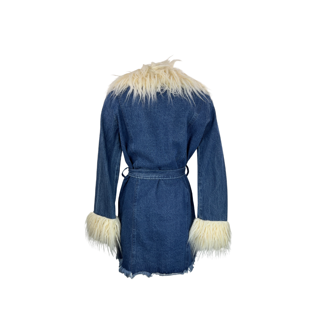 Denim Wrap Coat with Cream Faux Fur Collar