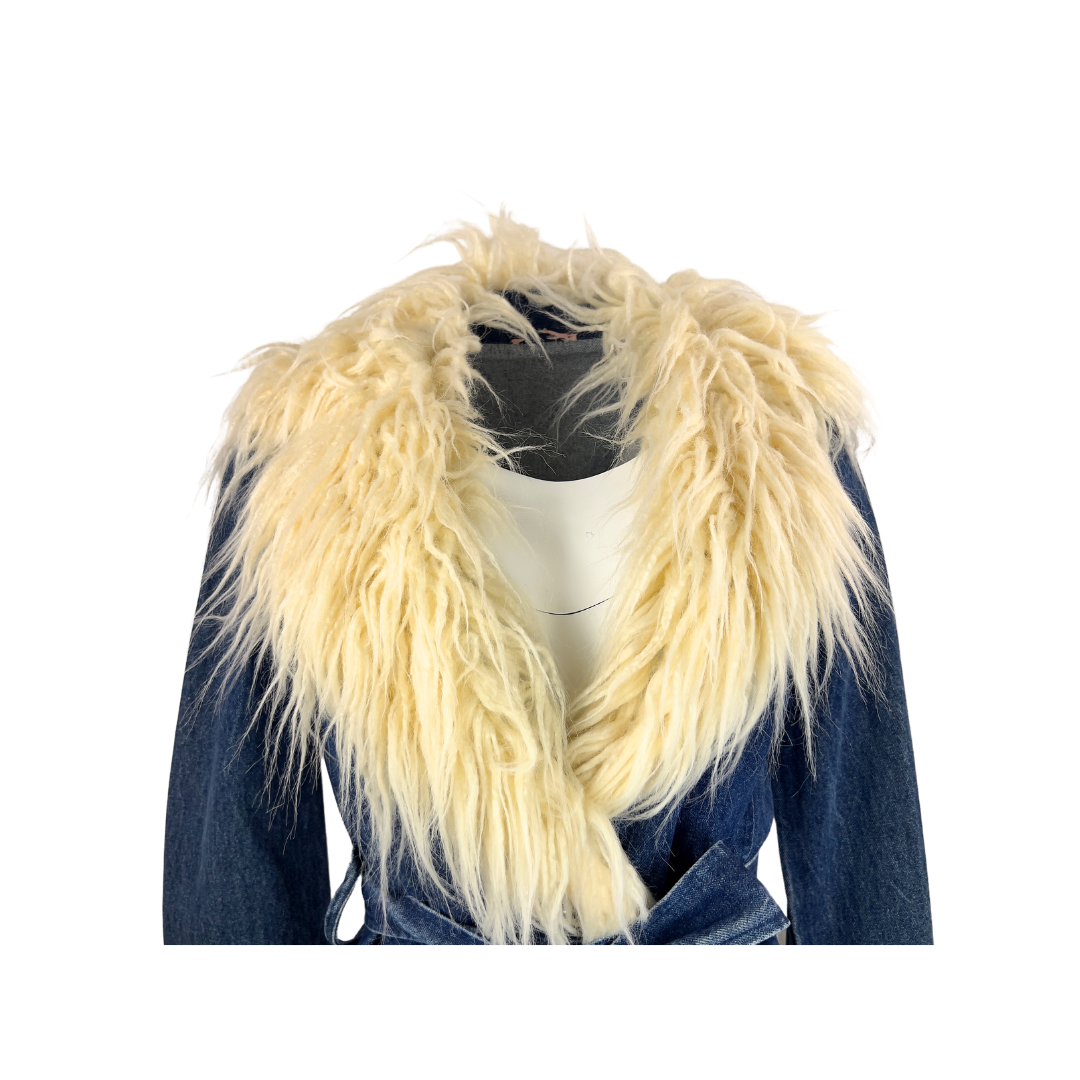 Denim Wrap Coat with Cream Faux Fur Collar