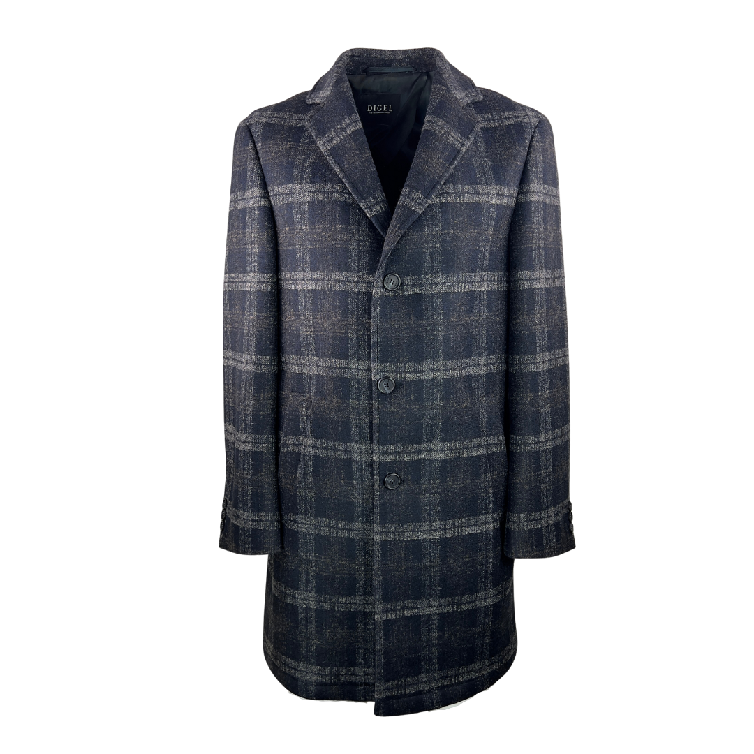 Digel Long Overcoat in Navy and Grey Plaid