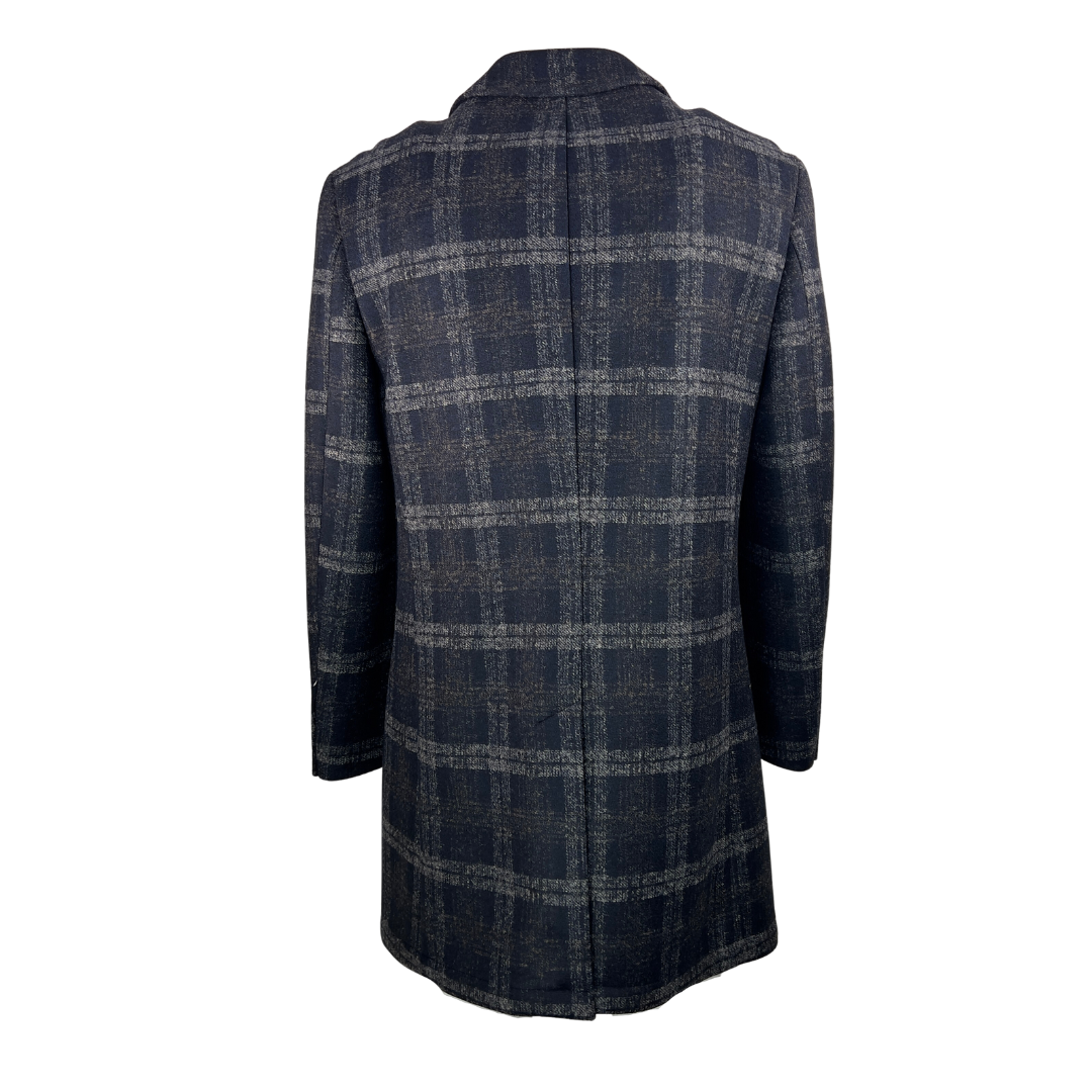 Digel Long Overcoat in Navy and Grey Plaid