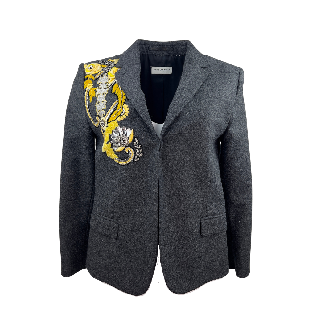 Dries Van Noten Grey Wool Blazer with Yellow Beadwork