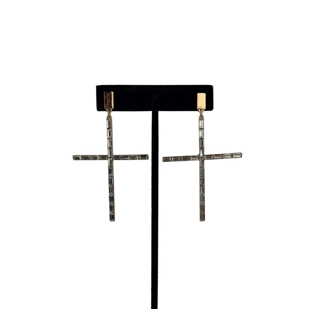 Gold and Crystal Cross Drop Earrings