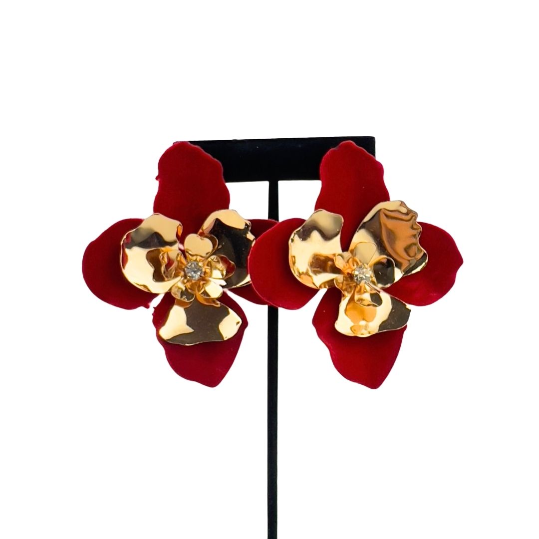Gold and Red Velvet Flower Earrings