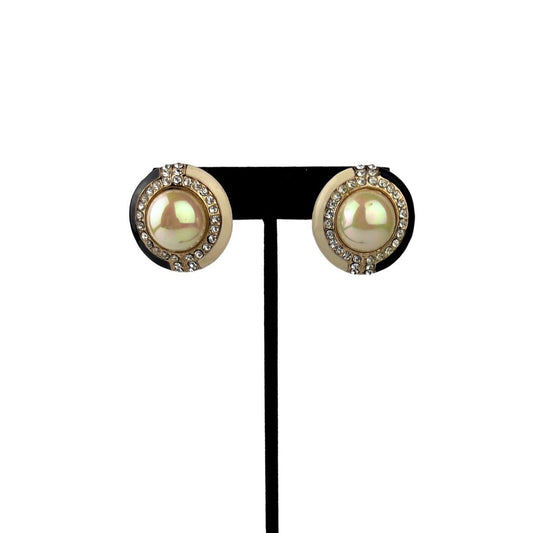 Black and Cream Circle Earrings with Irridescent Pearl
