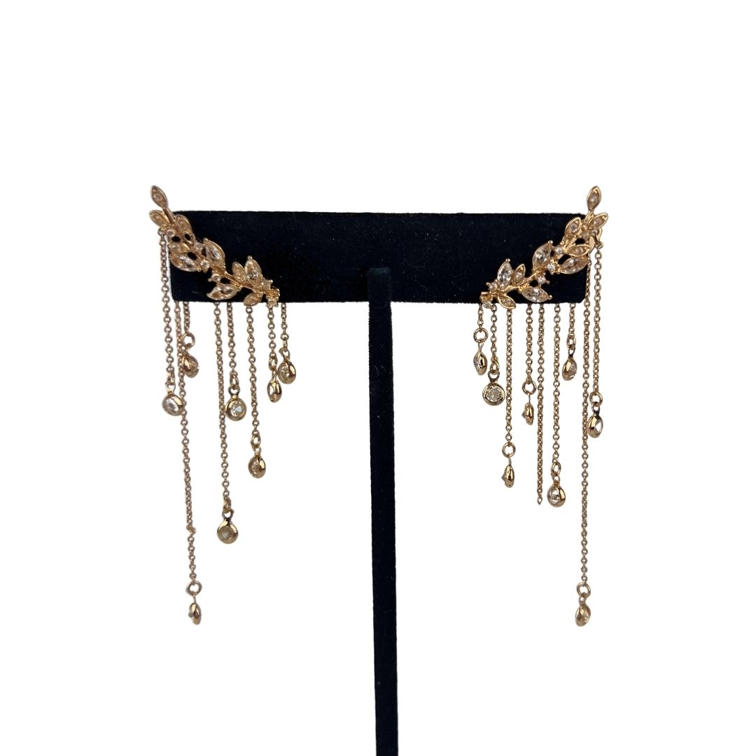 Gold Leaf Crawler Earrings with Droplets