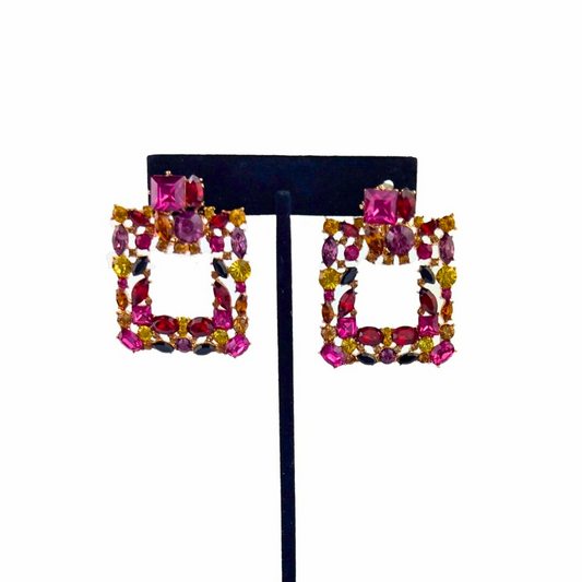 Pink Crystal Square Drop Earrings