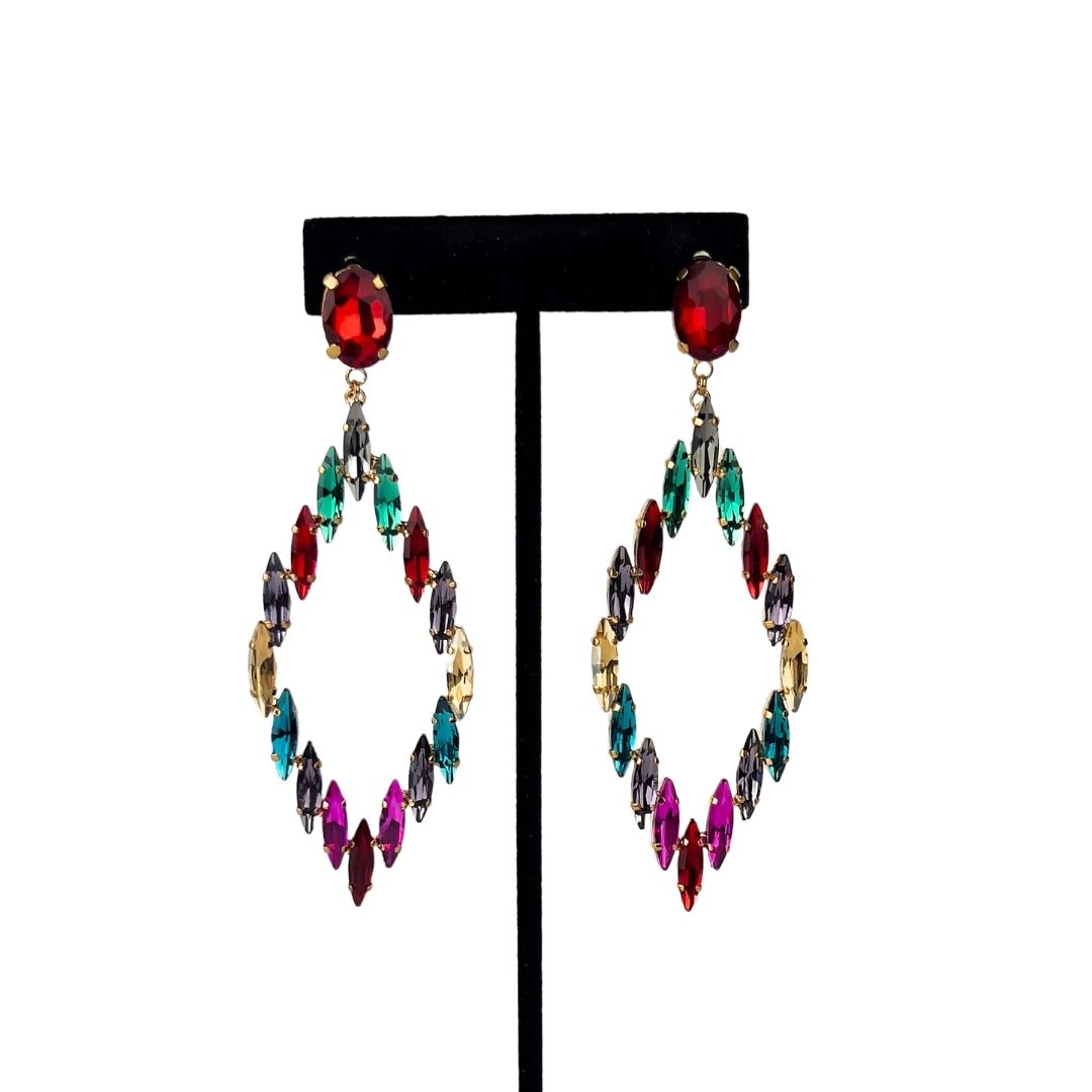 Multi Colored Crystal Drop Earrings in Diamond Shape