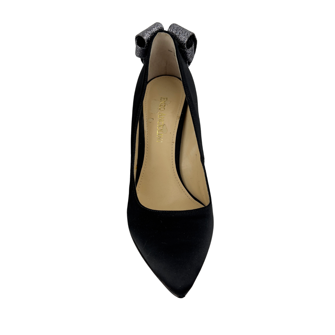 Black Satin Pumps with Silver Glitter Heels