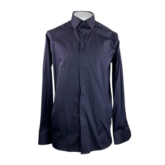 Eton Navy Dress Shirt with Floral Print Inside Collar 16.5