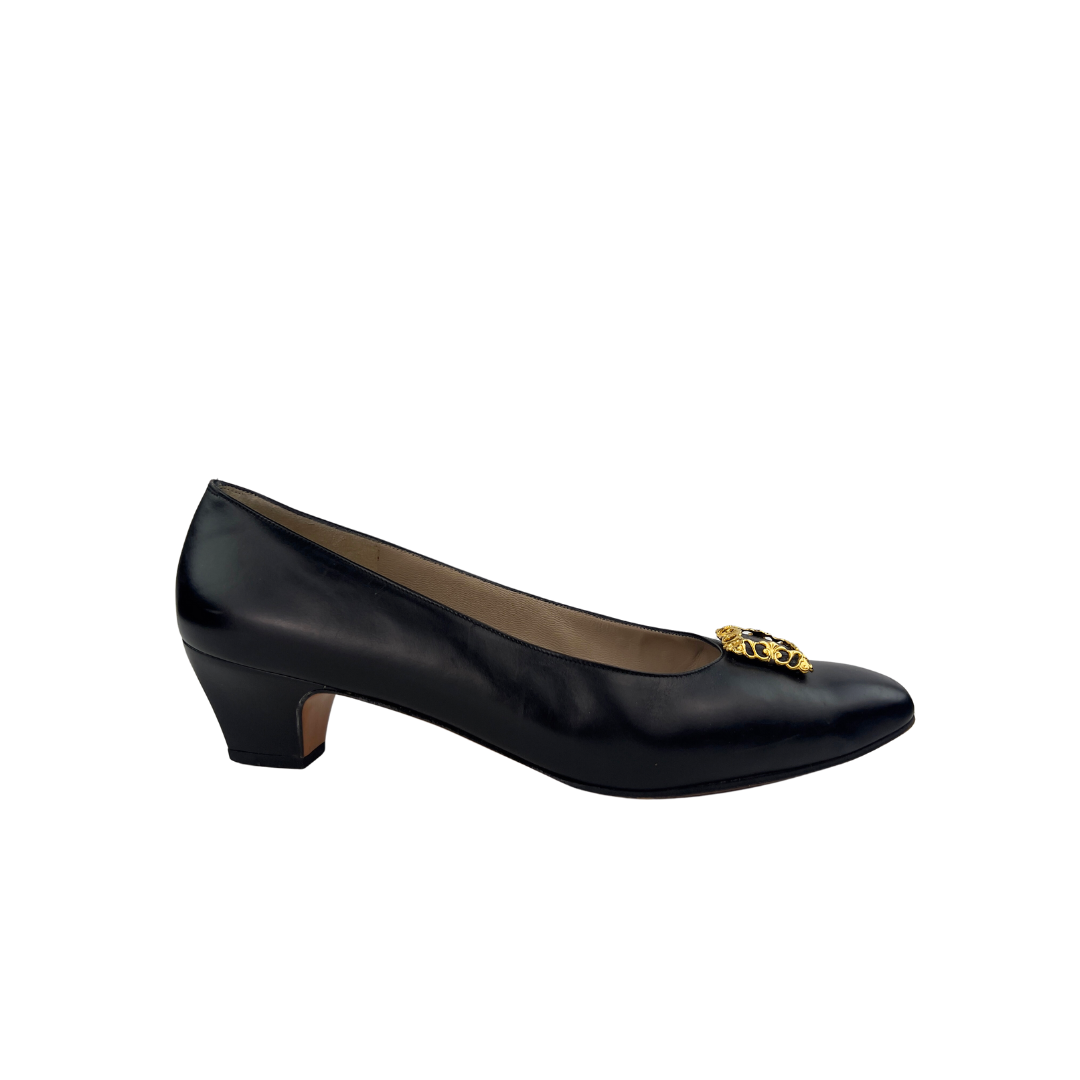 Ferragamo Black Leather Pump with Square Gold Decal