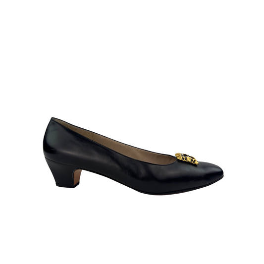 Ferragamo Black Leather Pump with Square Gold Decal