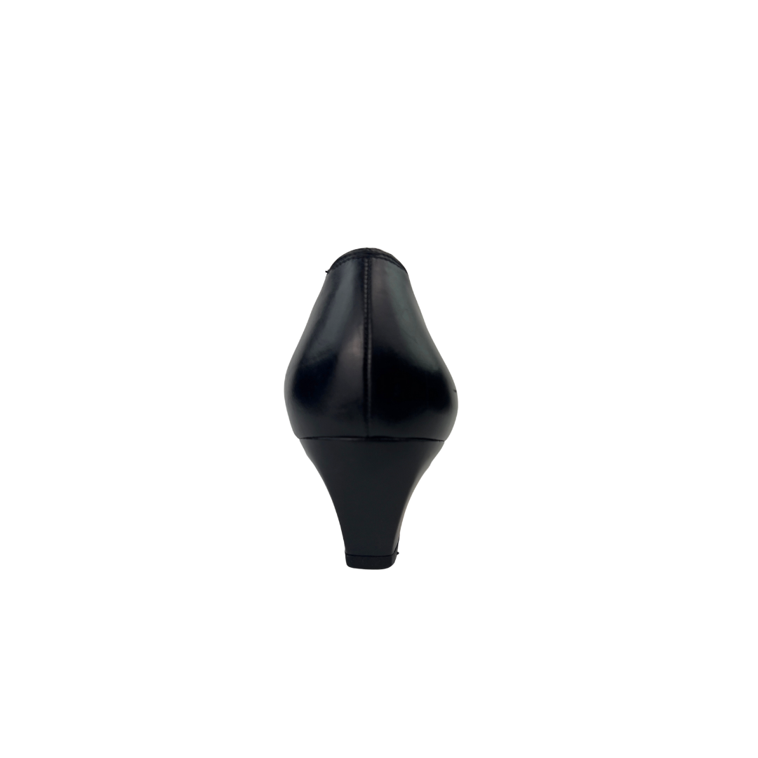 Ferragamo Black Leather Pump with Square Gold Decal