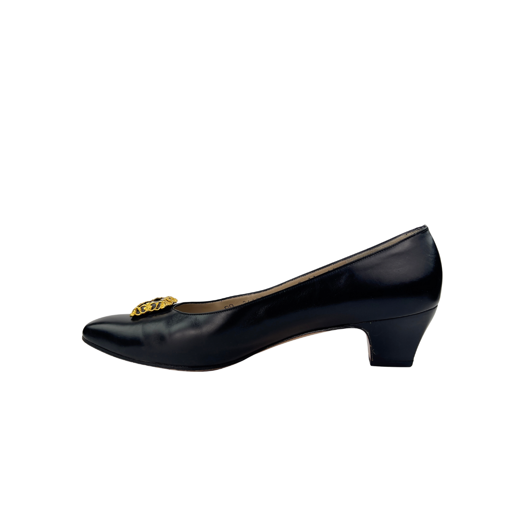 Ferragamo Black Leather Pump with Square Gold Decal