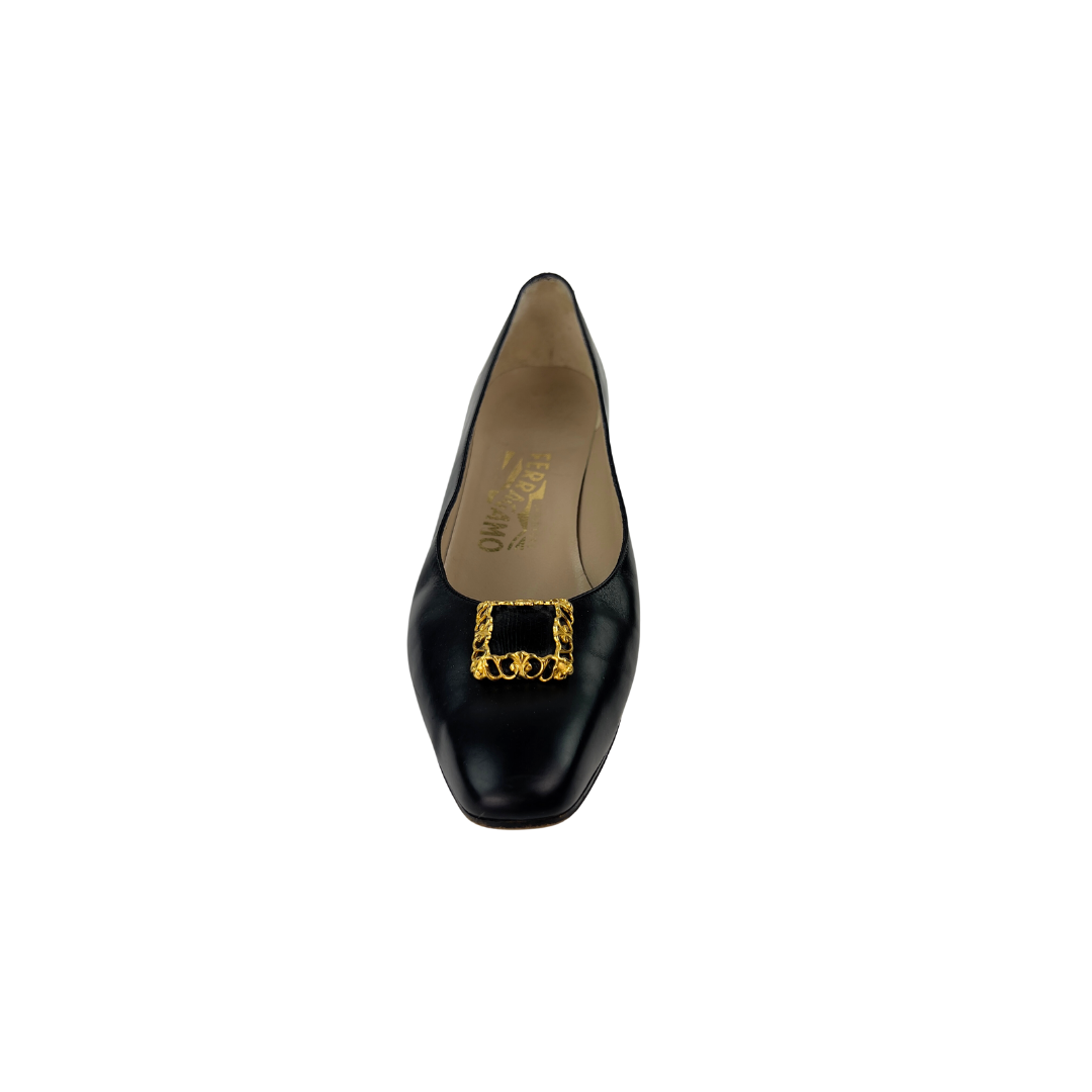 Ferragamo Black Leather Pump with Square Gold Decal