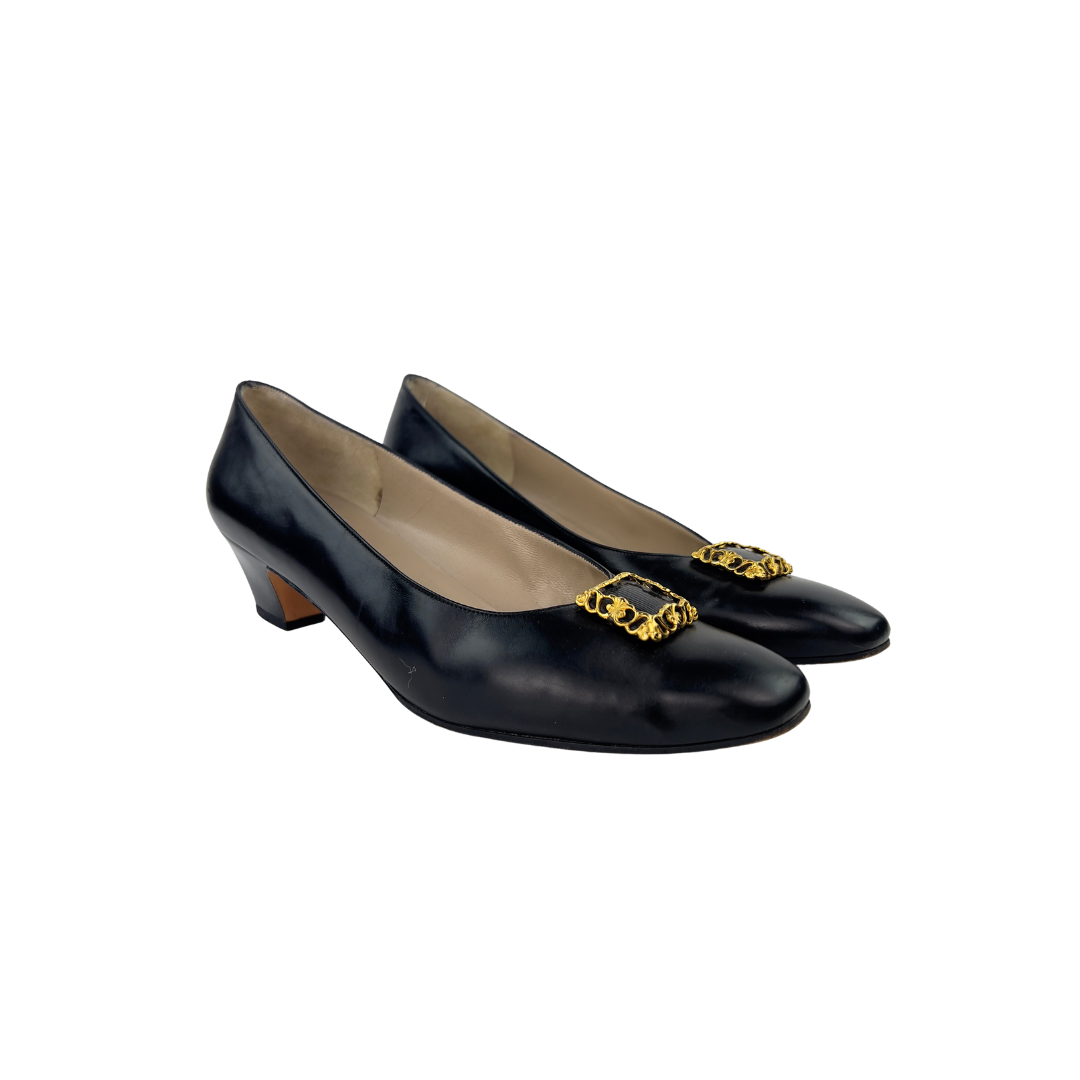 Ferragamo Black Leather Pump with Square Gold Decal
