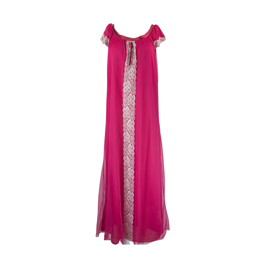 Vintage Floor Length Fuchsia Nightgown with Capped Sleeves