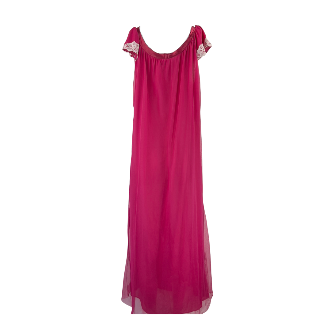Vintage Floor Length Fuchsia Nightgown with Capped Sleeves
