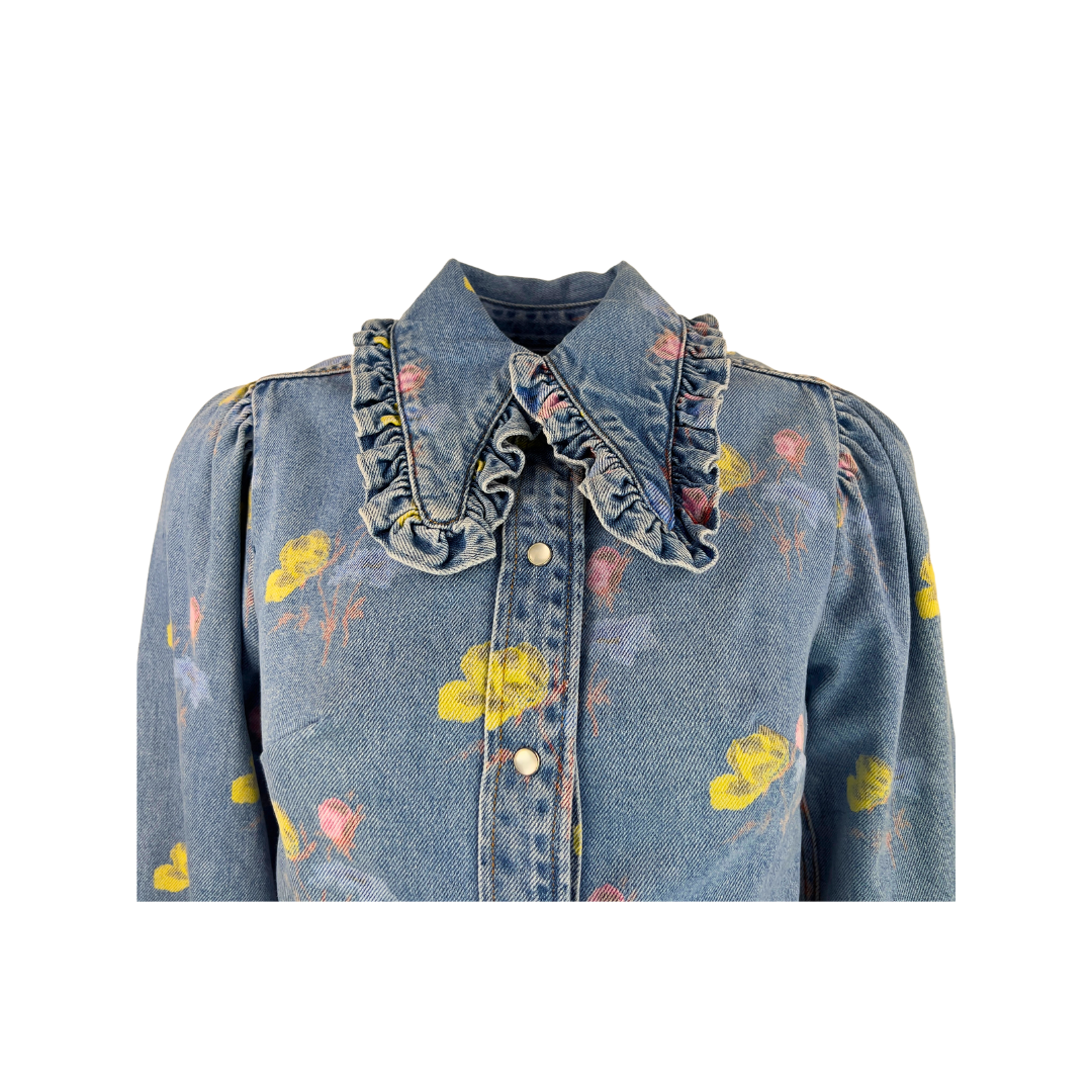 Ganni Cropped Denim Shirt with Paint
