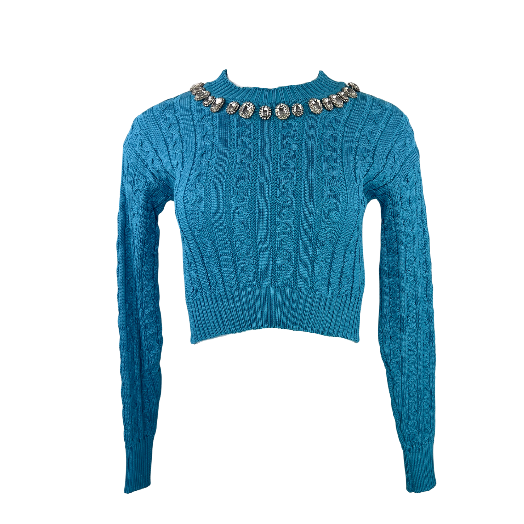 Giuseppe Di Morabito Cropped Blue Cableknit Sweater with Jewels