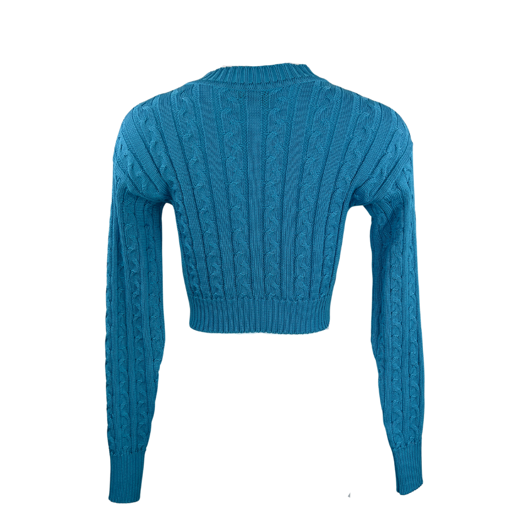 Giuseppe Di Morabito Cropped Blue Cableknit Sweater with Jewels