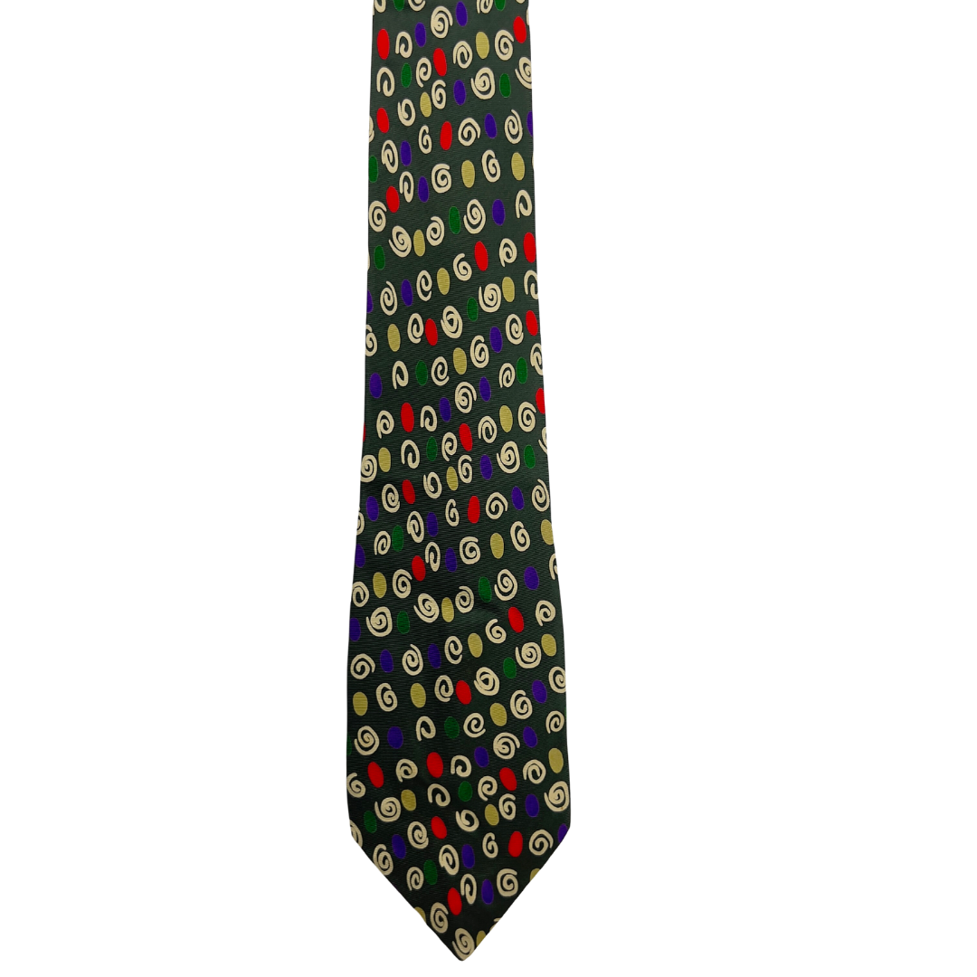 Green Tie with White Squiggles and Multi Color Dots
