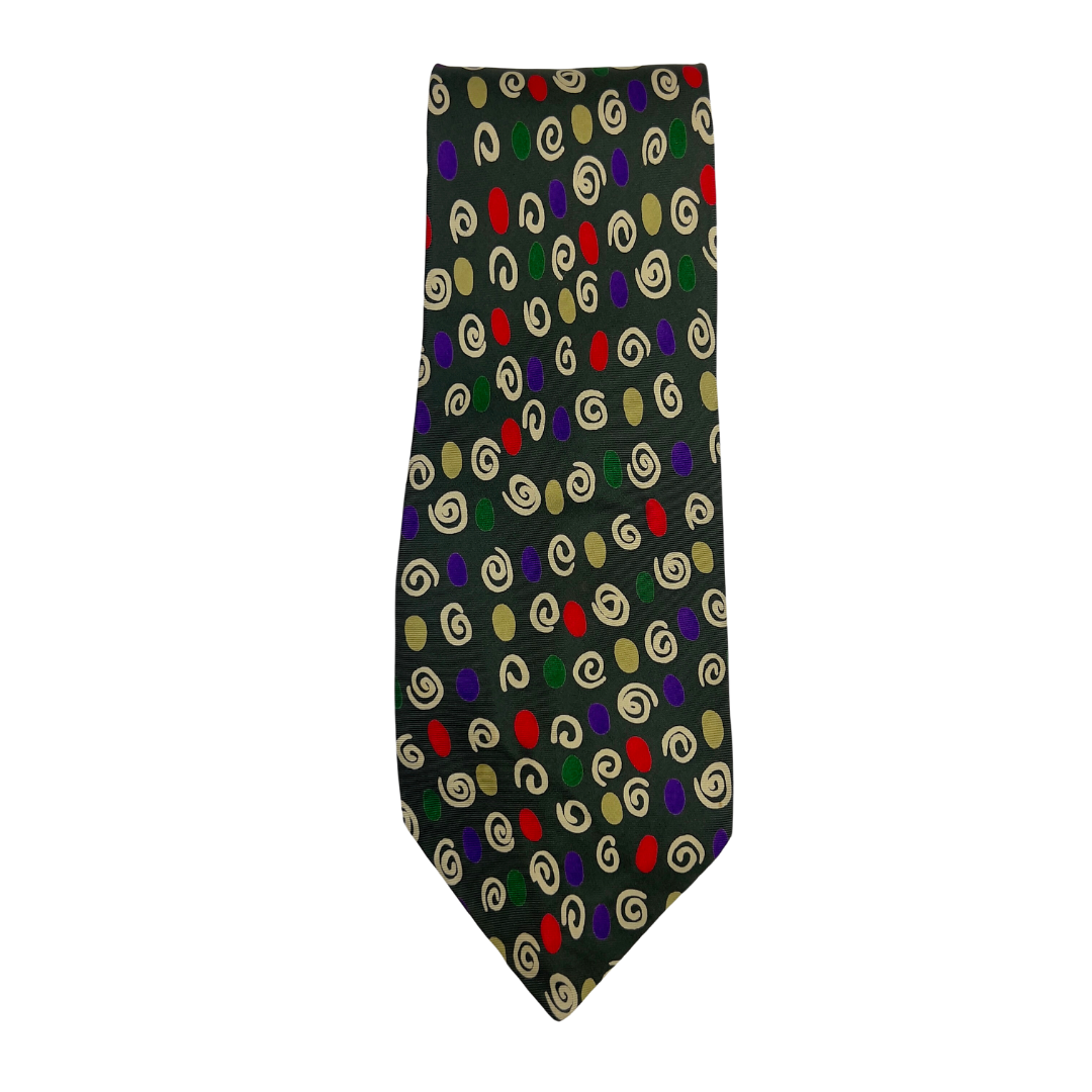 Green Tie with White Squiggles and Multi Color Dots