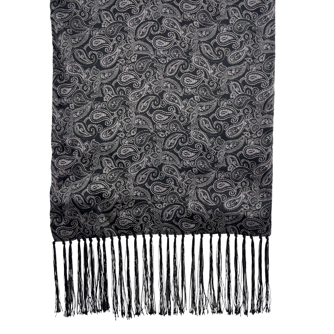 Grey and Black Paisley Scarf with Tassels