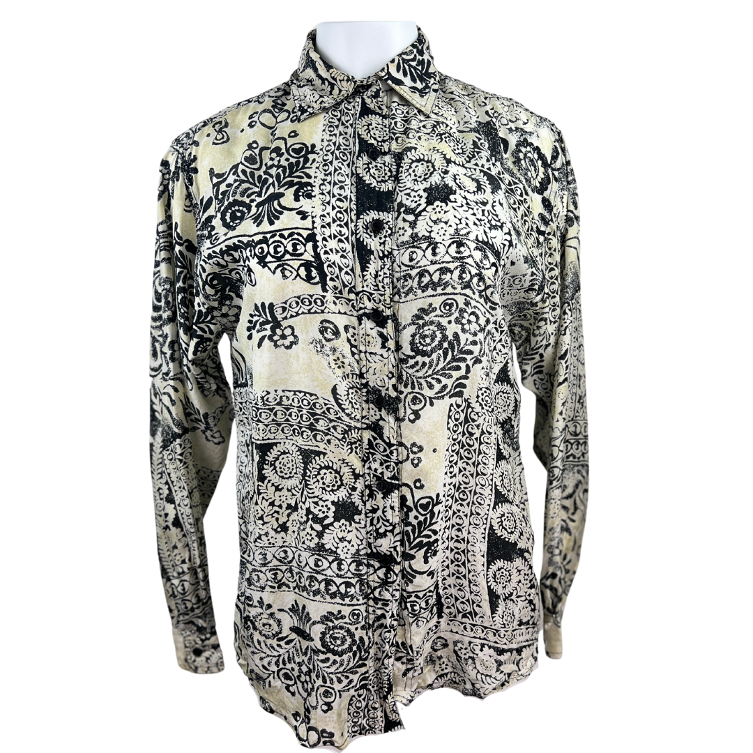 Silk Beige and Black Bandana Print Blouse