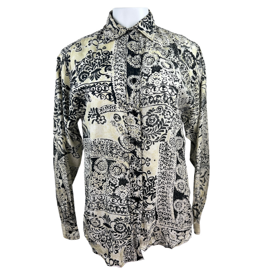 Silk Beige and Black Bandana Print Blouse