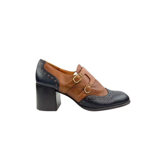 Chie Mihara Brown and Navy Heeled Monk Strap