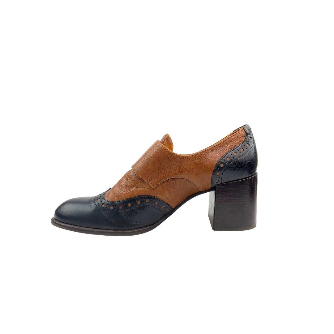 Chie Mihara Brown and Navy Heeled Monk Strap