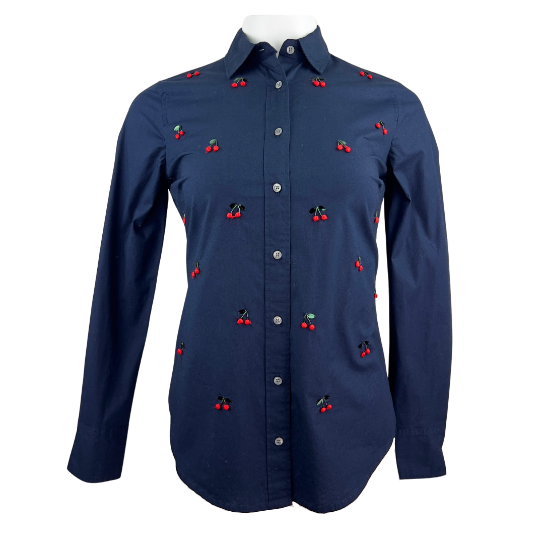 J. Crew Navy Cotton Blouse with Red Cherries