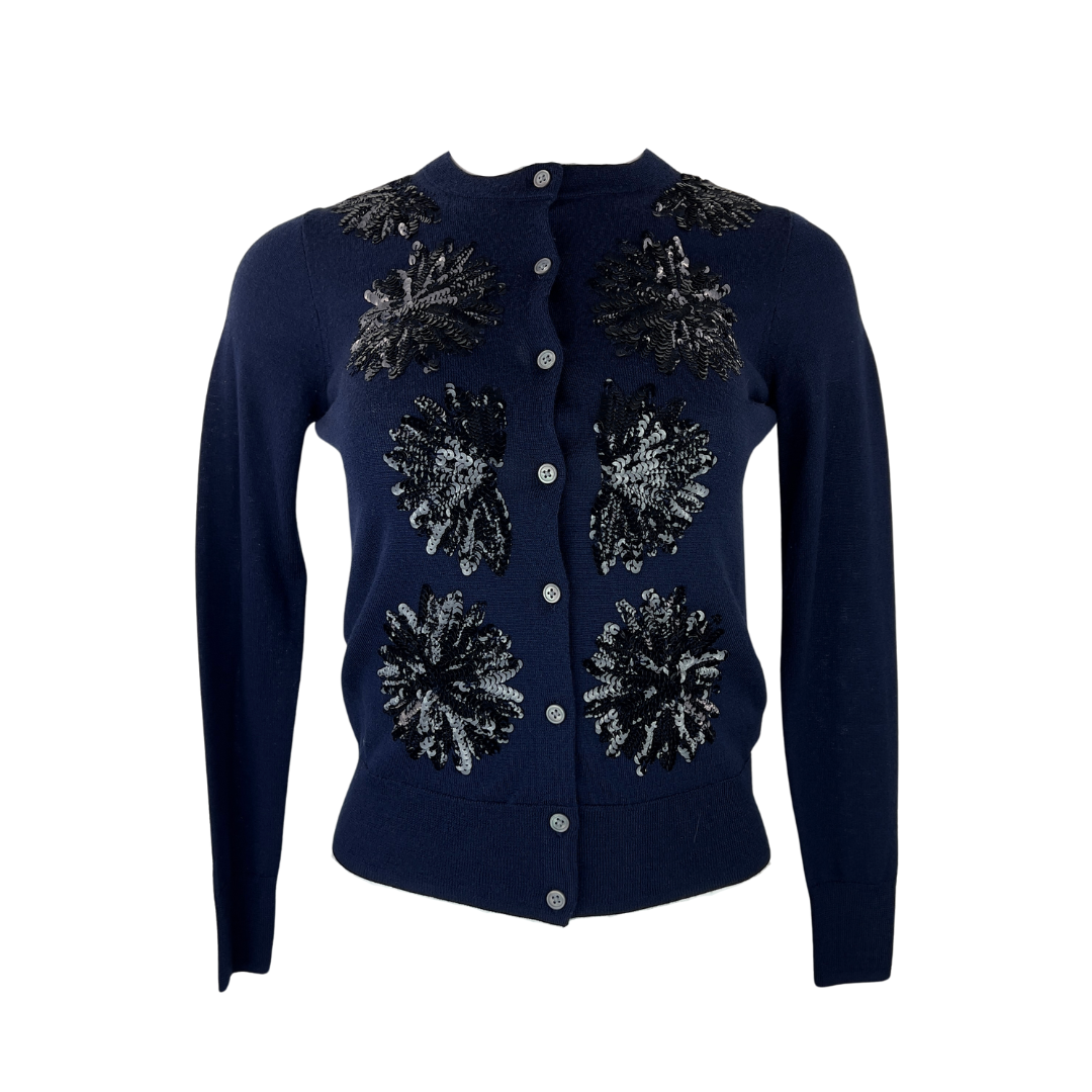 J. Crew Navy Cardigan with Black Sequin Flowers