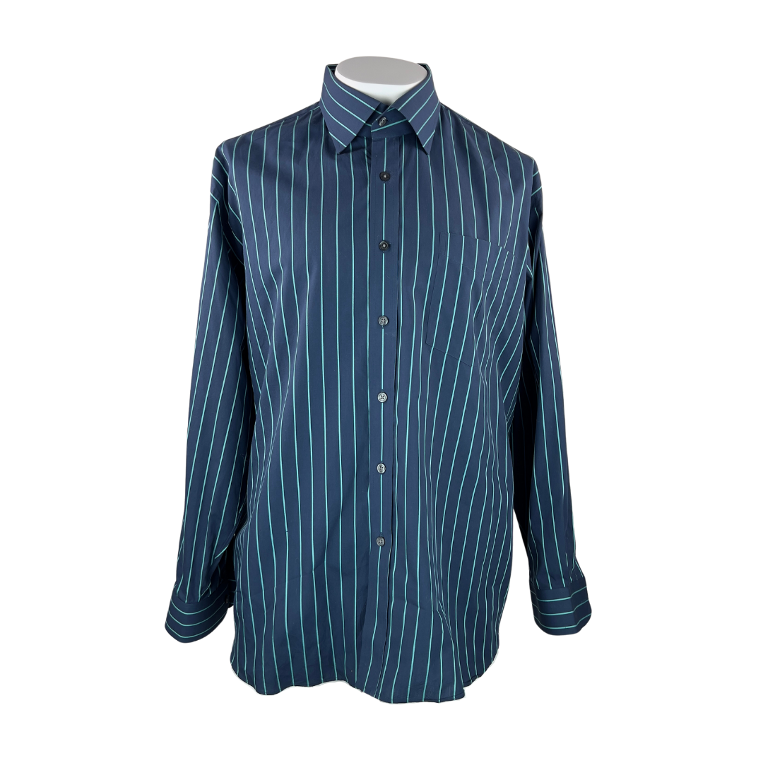 Jim's Tailor Navy Dress Shirt with Green Pinstripes