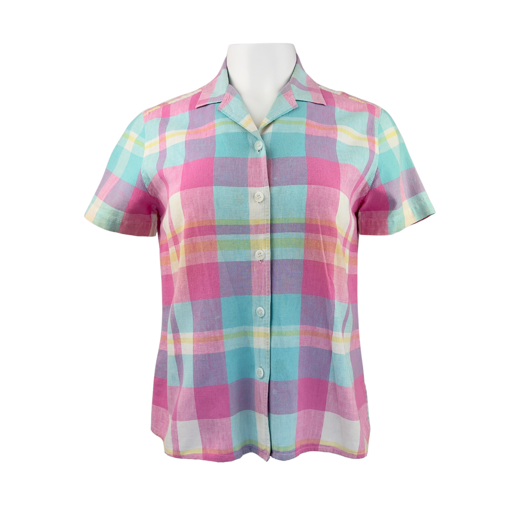 Jones New York Pink and Blue Plaid Short Sleeve Blouse
