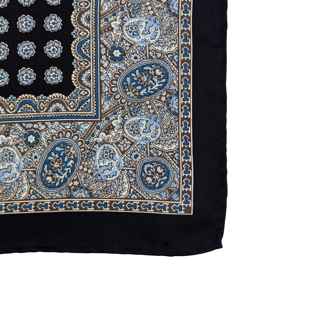 Joseph Aboud Pocket Square with Black Border and Blue Flowers