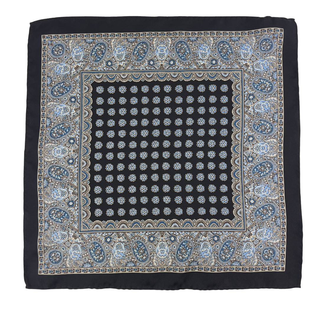 Joseph Aboud Pocket Square with Black Border and Blue Flowers
