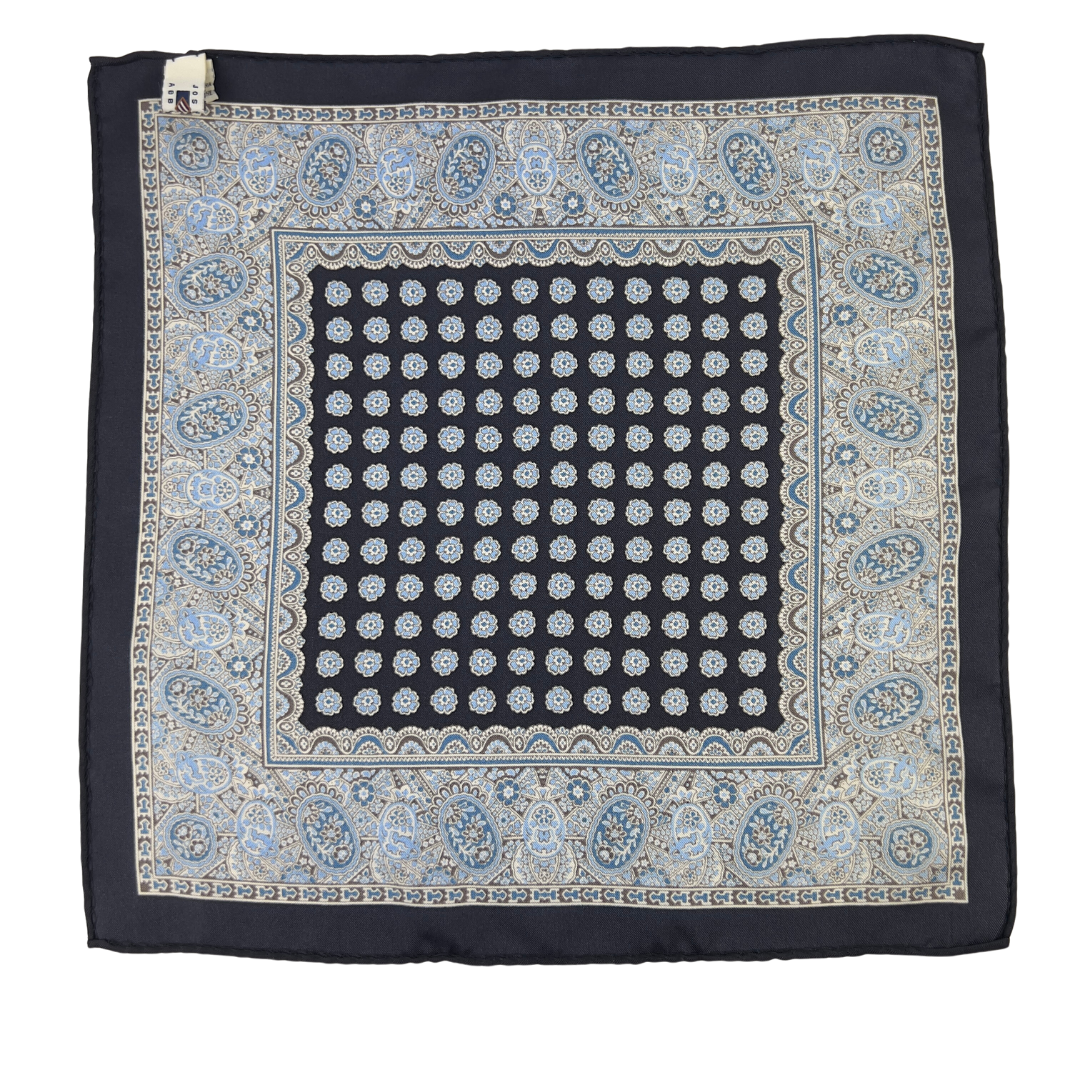 Joseph Aboud Pocket Square with Black Border and Blue Flowers