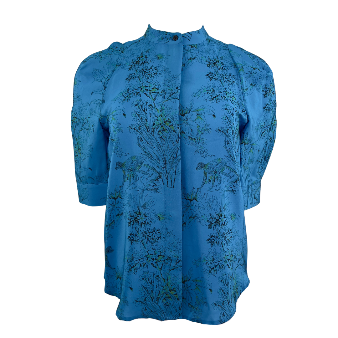 Judith and Charles 3/4 Sleeve Blue Blouse with Monkey Print