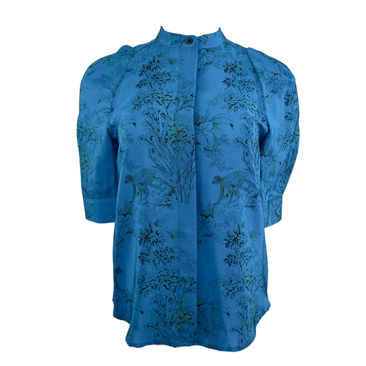 Judith and Charles 3/4 Sleeve Blue Blouse with Monkey Print
