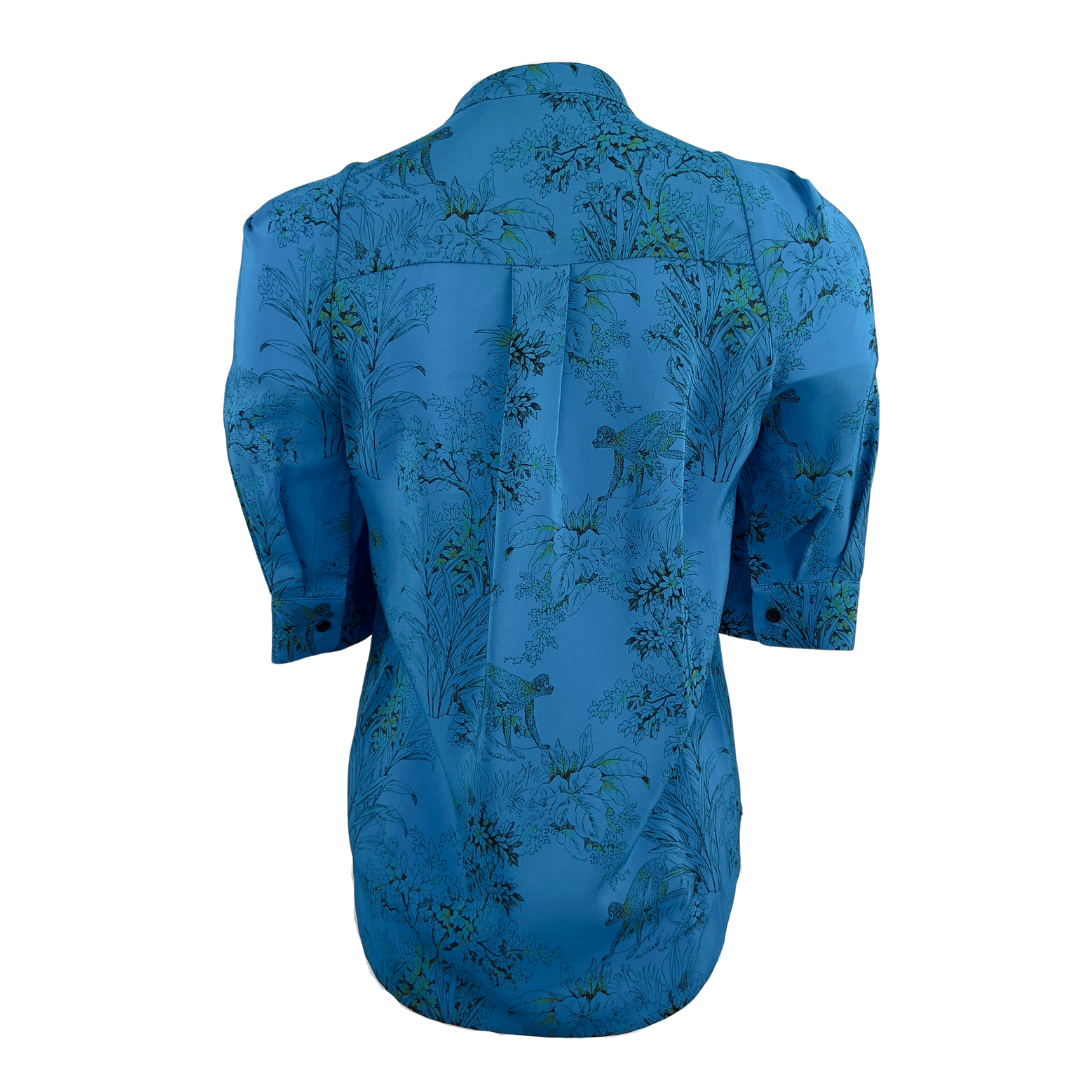 Judith and Charles 3/4 Sleeve Blue Blouse with Monkey Print