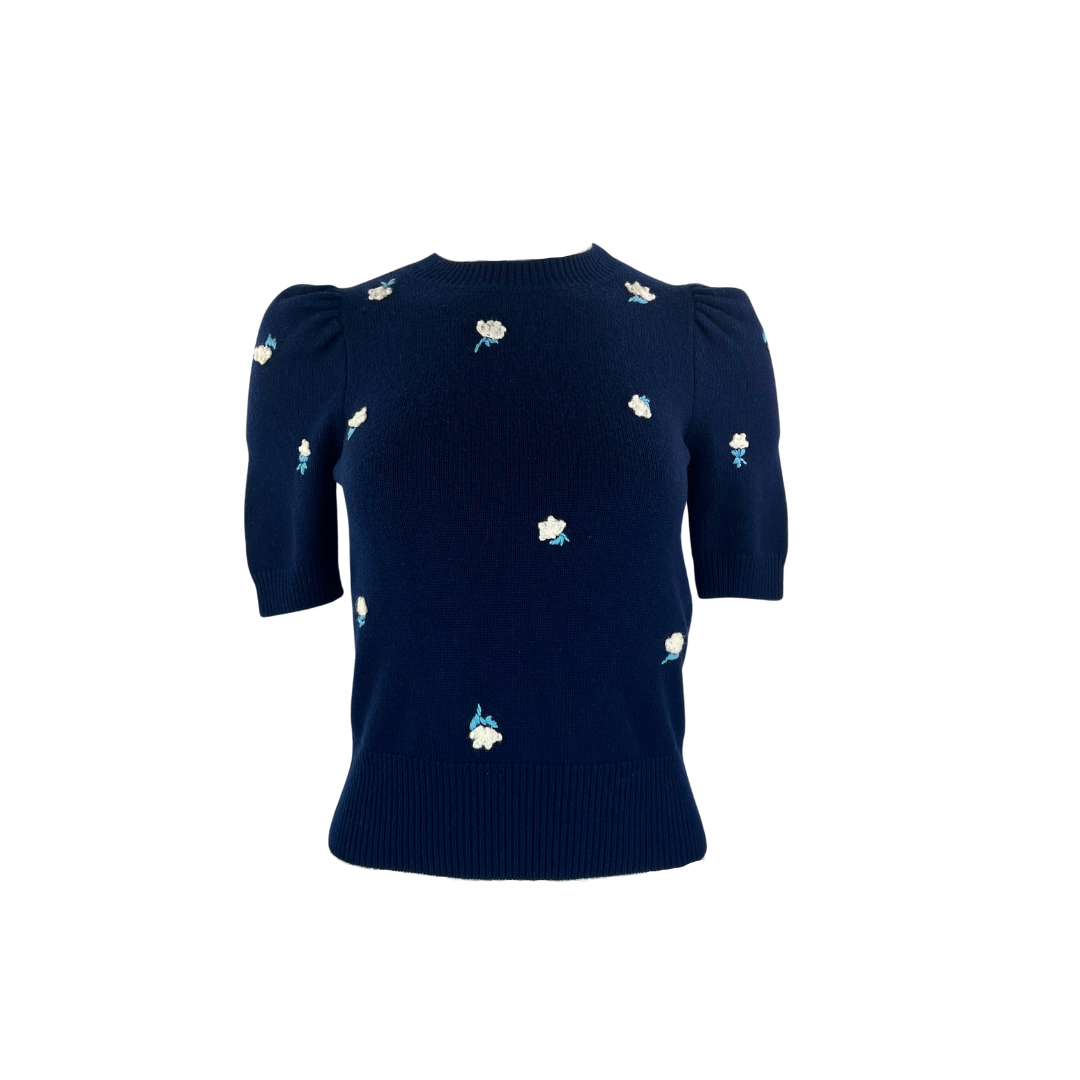 Kate Spade Navy Short Sleeve Sweater with White Embroidered Flowers