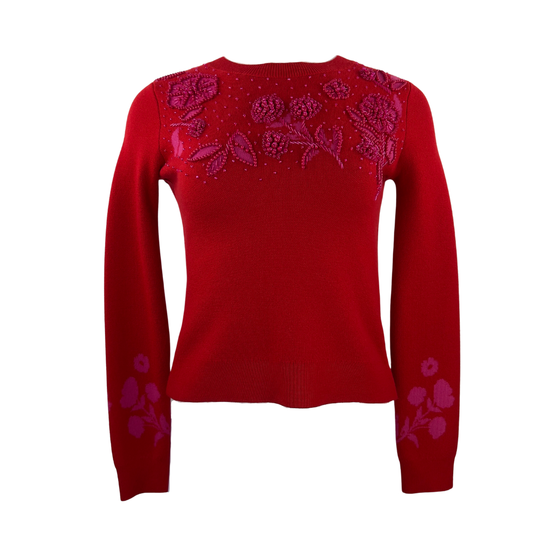 Kate Spade Red Sweater with Pink Floral Beading